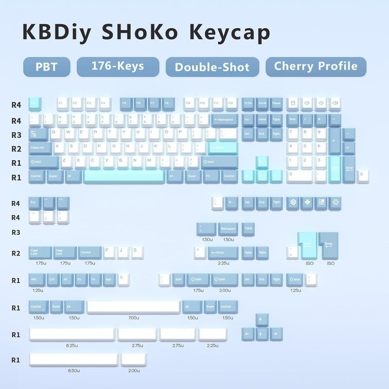 KBDiy SHOKO PBT Double Shot Keycap Set,176 Keys Blue Cute Custom Key Caps Keycaps 60 Percent Cherry Profile Keycaps for 61/64/68/84/87/100/104/108 Mechanical Keyboard - Image 2